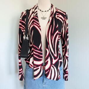 Vintage Y2K Swirl Print Cropped Jacket 8 Black Red Cream Stretch Blazer